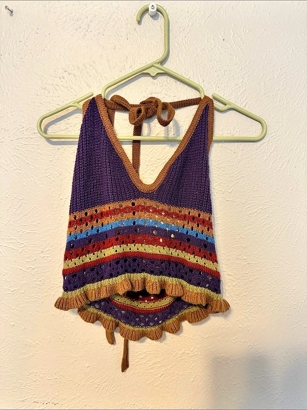 Crochet Striped Fringe Tank Top in Purple & Brown Like New